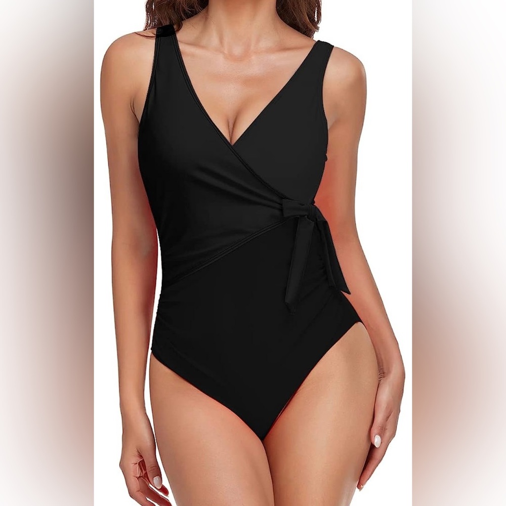 Women's V-Neck One Piece Swimsuit Tummy Control Wrap Tie Side Monokini